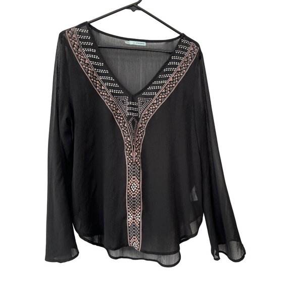 Maurices Blouse Size Large Embroidered V Neck Long Sleeve Sheer Black Multi Chic - Picture 1 of 8